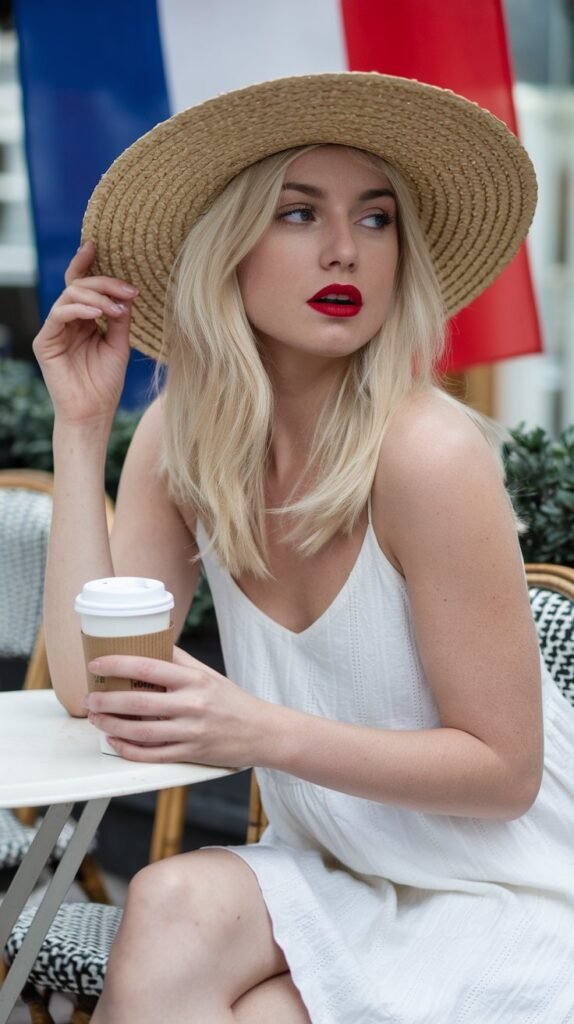 A Caucasian blonde on a terrace cafe table with a straw hat and bold red lipstick, wearing a white sundress, holding a coffee cup with the French flag subtly in the background