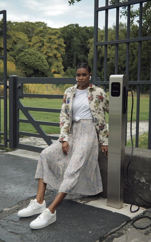 Black female model seated at a charging station near a gate, wearing a flowy floral midi skirt, white tee tucked in, white sneakers, and AirPods in.
