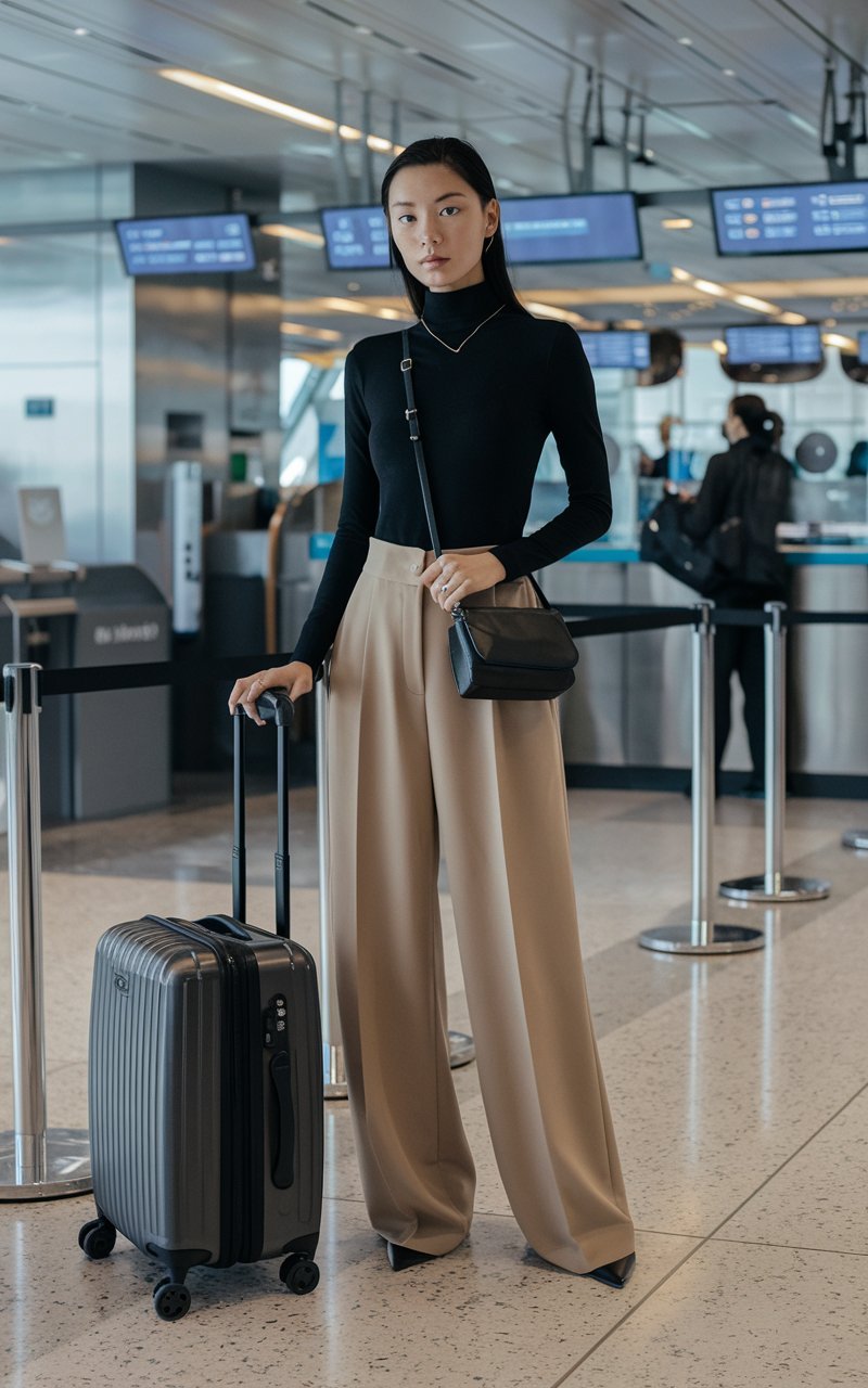 East Asian model at a sleek international check-in counter, wearing a black turtleneck and beige wide-leg trousers, minimalist gold jewelry and a black crossbody bag.
