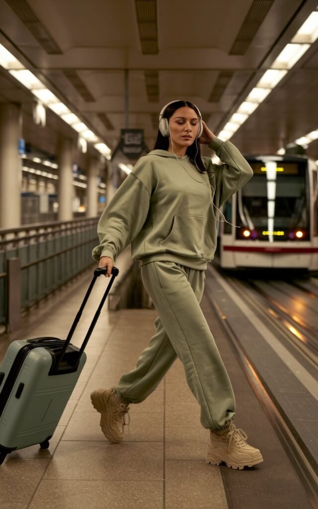 Latina model at an indoor airport tram station, dressed in a muted green matching tracksuit and thick sneakers, headphones on, dragging a rolling suitcase.