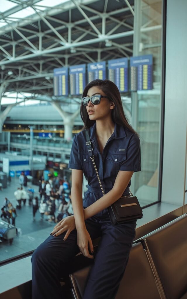 South Asian female model sitting by a large window in a European airport lounge, wearing a navy utility-style jumpsuit, with a crossbody bag and sleek sunglasses.