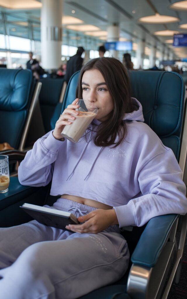 White brunette female lounging in an airport lounge recliner, wearing a cropped lavender hoodie and grey joggers, sipping a smoothie with a Kindle in her lap.