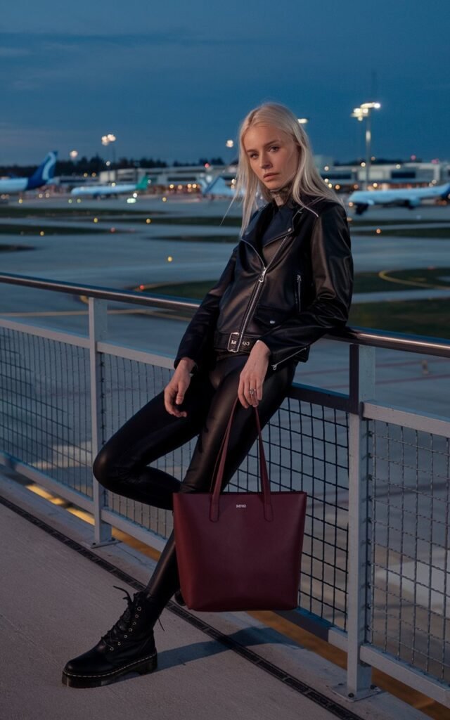 White female model leaning against a railing overlooking airport runways at dusk, in a black leather jacket, black leggings, black boots, and a burgundy tote bag.

