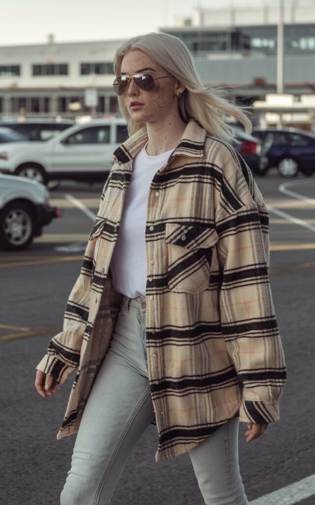 White female model with freckles walking toward an airport parking lot, wearing a plaid shacket, light-wash skinny jeans, white tee, and aviator sunglasses.
