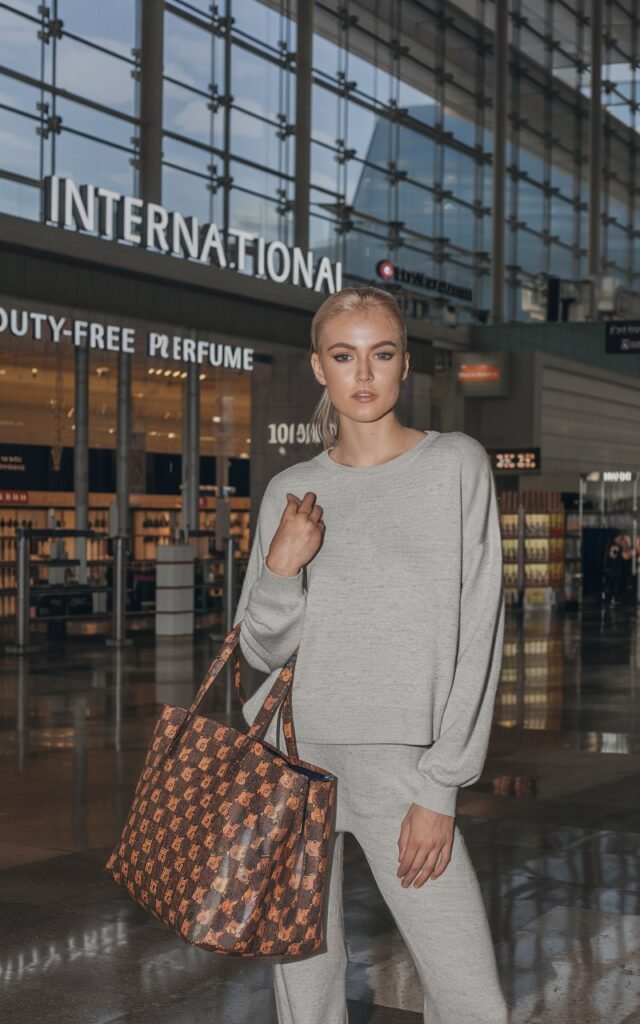 White model in an upscale international terminal near a duty-free perfume shop, wearing a soft grey knit two-piece and carrying a bold patterned oversized tote.
