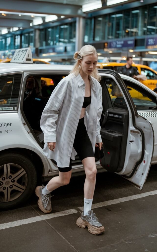 White model with blonde hair exiting a taxi at a busy U.S. airport curbside, wearing an oversized striped shirt, black biker shorts, and chunky dad sneakers, hair in a claw clip.