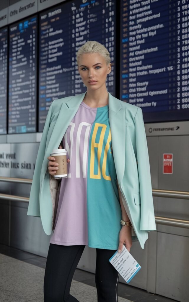 a flawless white female model standing in front of an airport departure board, wearing a pastel blazer over a bold graphic tee, black leggings, and white sneakers, holding coffee and boarding pass.