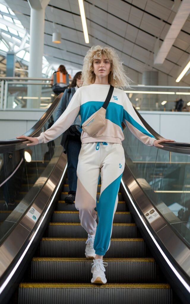 white model with curly hair boarding an escalator inside a modern terminal, wearing a color-blocked athleisure set and a crossbody belt bag across her chest.
