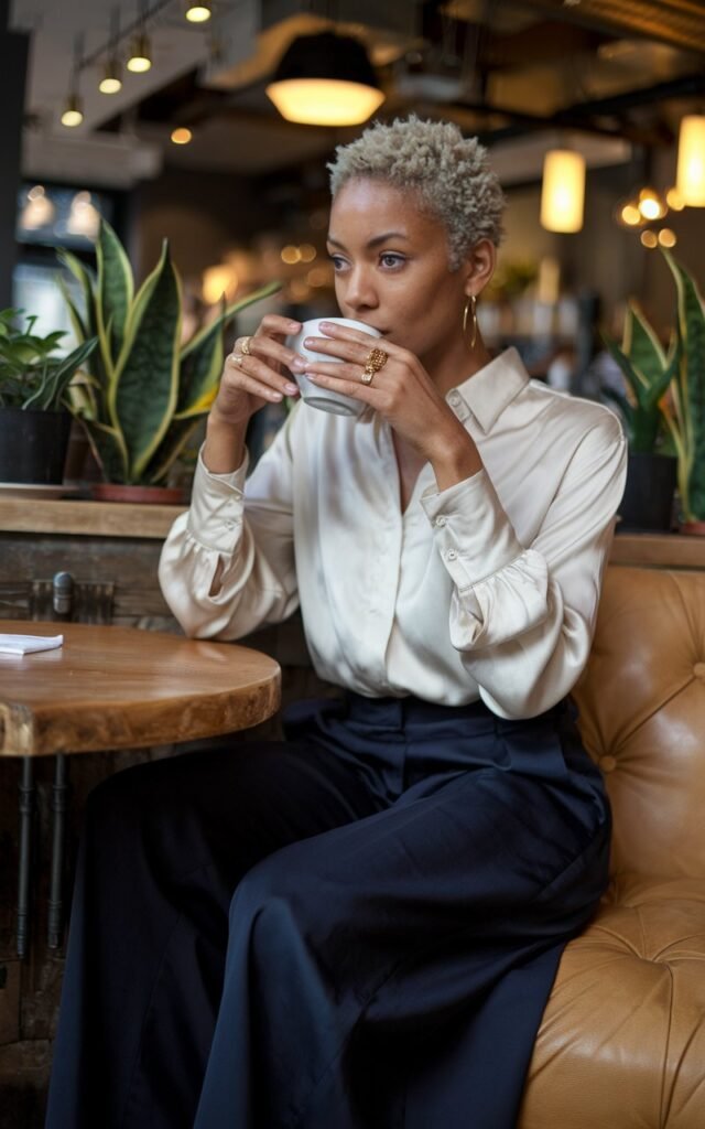 A Black woman with short natural hair sitting in a high-end café, wearing an ivory silk blouse tucked into dark navy wide-leg pants, sipping tea with gold rings on her fingers.