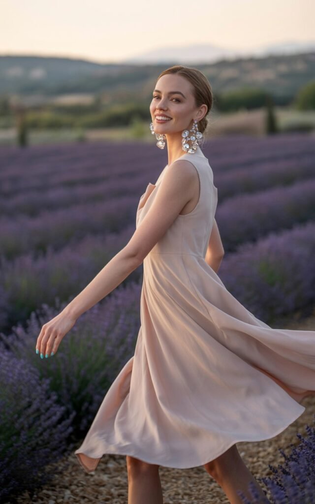A European female model with flawless porcelain skin twirling in a blush-pink chiffon midi dress, bold crystal chandelier earrings catching golden sunset light, in a lavender field in Provence, cinematic soft-focus background, ethereal and romantic atmosphere.