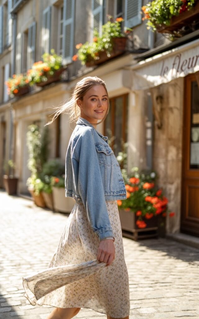 A European model with porcelain skin and icy blue eyes twirls on a sun-drenched cobblestone street in the south of France. Her cropped denim jacket hugs her frame over a pale floral midi dress, caught in a gentle breeze. The golden hour light casts soft shadows across historic stone buildings. Her expression is carefree, evoking a dreamy, romantic weekend escape.