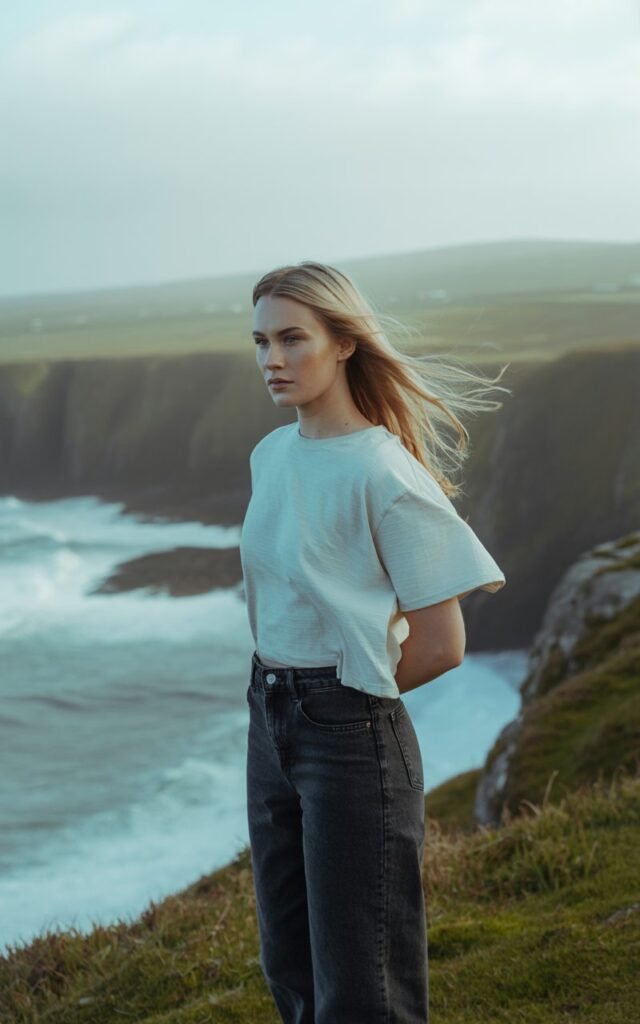 A blonde model stands beneath a misty sky on the windswept cliffs of Ireland, her oversized white tee loosely tucked into dark, structured wide-leg jeans. Wind ruffles her hair as waves crash dramatically below. The mood is cinematic and powerful, with a sense of quiet freedom.