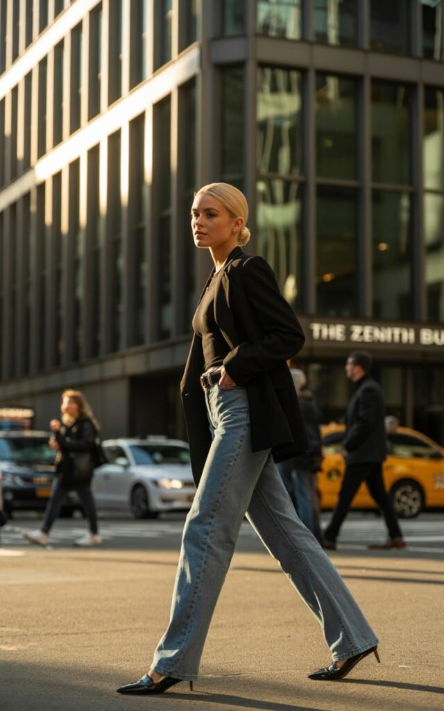 A blonde model with sleek hair styled in a low bun poses against a modern office building. She wears tailored straight-leg jeans, a black structured blazer, pointed loafers, and a slim leather belt. Golden-hour sunlight creates dramatic highlights along the glass facade. She walks confidently, one hand in her pocket, with a focused, self-assured expression.