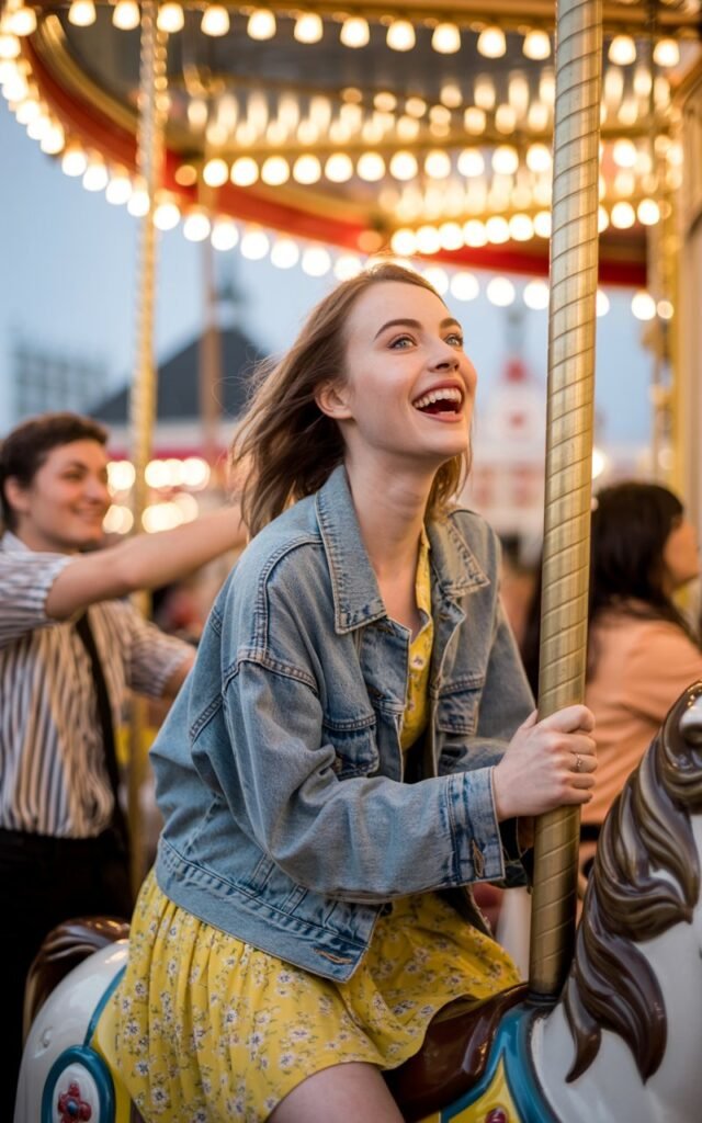 A blue-eyed model laughing on a carousel at dusk in a Paris fairground, wearing a yellow floral sundress under a light-wash cropped denim jacket, fairground lights twinkling in the background, whimsical and joyful atmosphere.