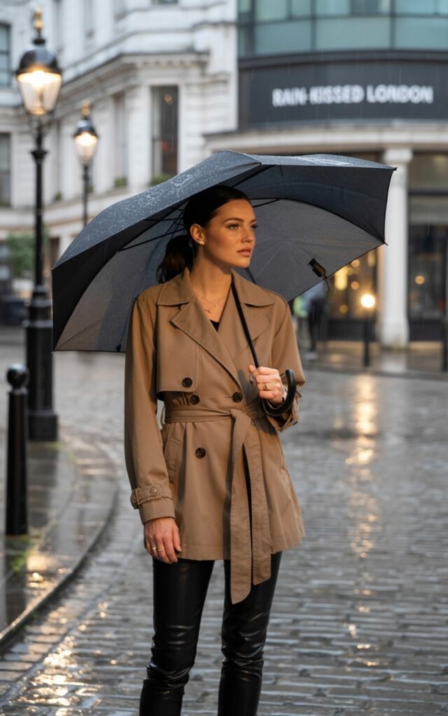 A brunette model standing on a rain-slicked cobblestone street in London at dusk, belted camel trench coat over sleek black skinny pants, holding a black umbrella, street lamps glowing in the mist, moody and cinematic.
