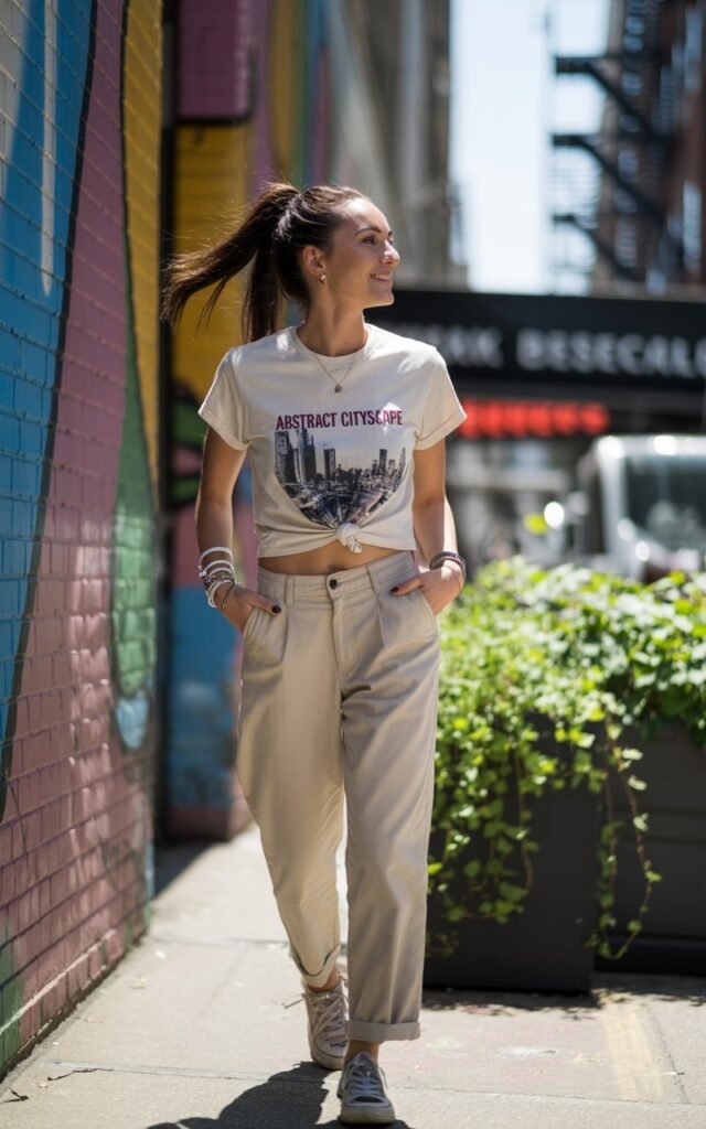 A brunette model with a high ponytail walks casually down an artsy urban alley. She wears beige chinos, a knotted graphic tee, sneakers, and layered bracelets. Midday daylight gives crisp shadows on the mural walls. She walks with her hands in her pockets, candid smile and carefree energy.