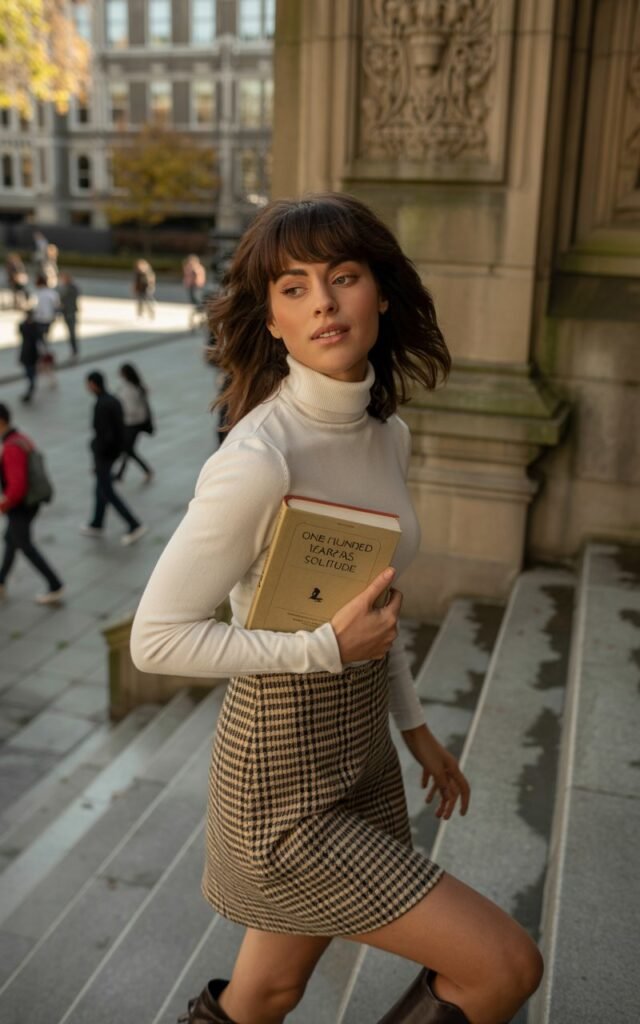 A brunette model with bangs stands on the steps of a university campus. She wears a plaid mini skirt, cream turtleneck sweater, knee-high boots, and a structured satchel. Soft autumn daylight highlights the stone architecture. She’s mid-step, holding a book, giving chic academia vibes with a subtle smile.