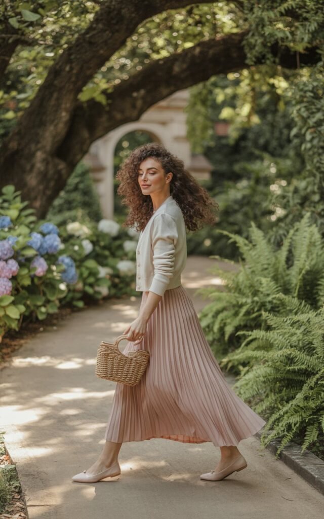 A brunette model with flowing curls walks through a botanical garden path. She wears a blush pleated maxi skirt, a fitted cream cardigan, ballet flats, and a woven handbag. Soft daylight filters through trees, creating dappled shadows. She strolls gracefully, glancing sideways with a serene smile.