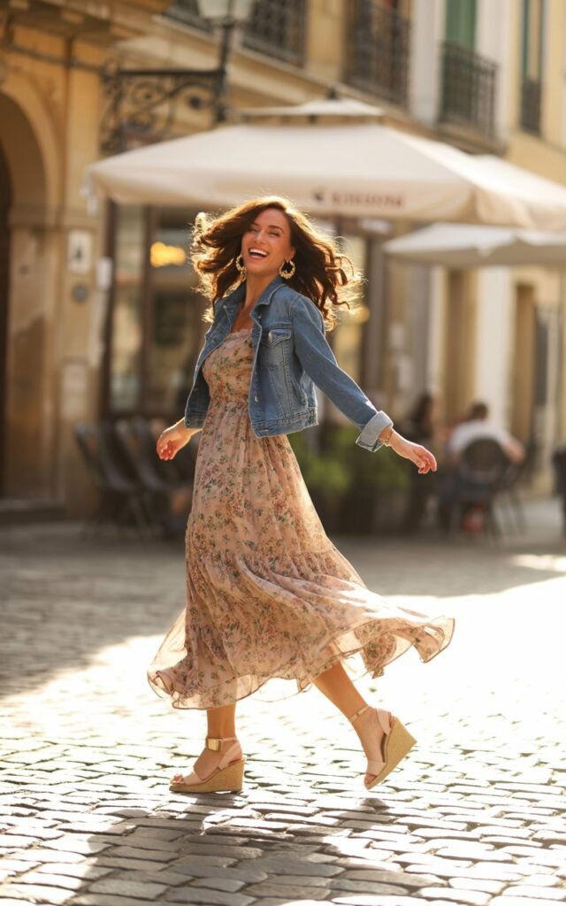 A brunette model with loose curls twirls on a cobblestone street. She wears a floral chiffon maxi dress with a cropped blue denim jacket, wedge sandals, and hoop earrings. Golden-hour lighting illuminates her hair as it catches the breeze. She laughs mid-twirl, giving the shot movement and spontaneity.