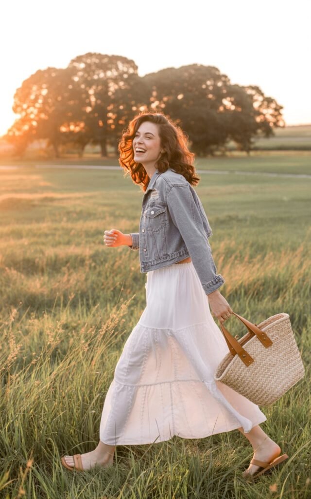 A brunette model with loose hair stands in a field at golden hour. She wears a white tiered maxi skirt, cropped denim jacket, flat sandals, and a straw tote. Golden sunlight creates a dreamy bohemian glow. She holds her skirt lightly while walking, smiling freely at the camera.