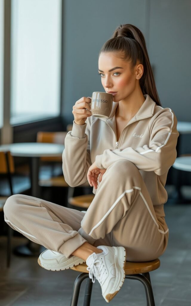 A brunette model with slick high ponytail, dressed in a matching beige tracksuit with chunky white sneakers. Shot indoors at a chic café with soft window light. She’s seated on a wooden stool, legs crossed, sipping coffee with a relaxed yet trendy expression.
