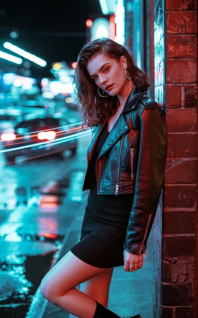 A brunette model with tousled waves stands on an urban street at night under neon lights. She wears a fitted black mini dress with a cropped biker leather jacket and ankle boots. Posed leaning slightly against a wall, giving off effortless “cool girl” attitude with a subtle smirk.
