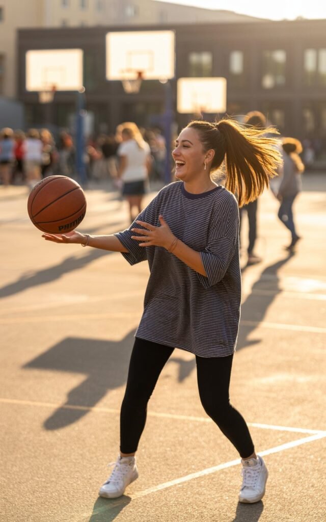 A brunette with a high ponytail, dressed in black leggings, oversized striped baseball tee, and sneakers. Shot in a sunny schoolyard with basketball hoops. She’s tossing a ball up with a carefree laugh, sporty and approachable.
