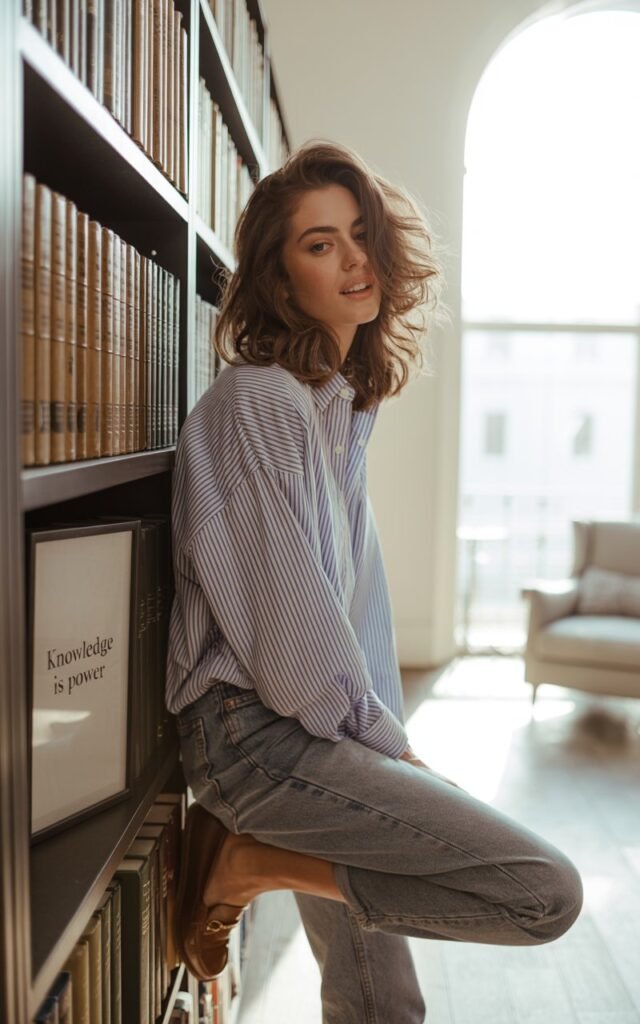 A brunette with loose waves, dressed in a blue-and-white striped oversized button-down tucked into faded relaxed jeans with loafers. Shot inside a bright modern library with natural window light. She’s leaning against a bookshelf, half-smiling at the camera, effortlessly chic.