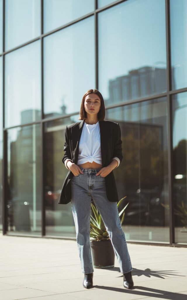 A brunette with sleek straight hair, wearing a black oversized blazer, white tucked tee, straight-leg jeans, and pointed ankle boots. Shot outside a modern glass office building during the day. She stands confidently with hands in pockets, chin slightly raised, exuding boss-babe energy.
