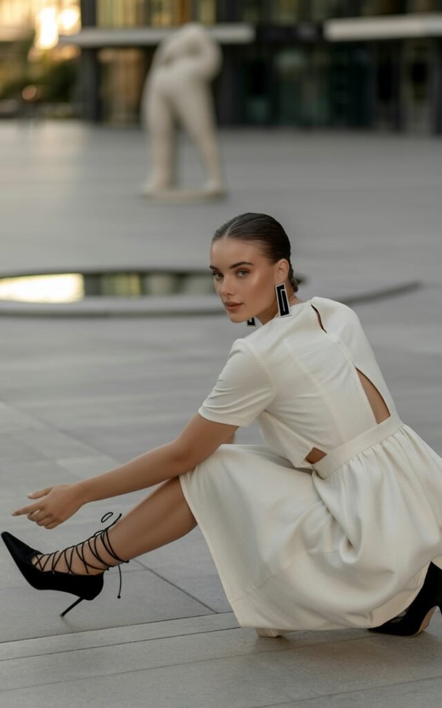 A brunette with slicked-back hair poses in natural daylight at a modern architectural plaza. She wears a white cut-out midi dress styled with black lace-up heels and geometric earrings. Standing tall with one leg slightly forward, confident and sleek vibe.