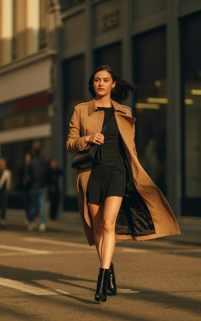 A chic model in a camel trench coat layered over a black mini dress and ankle boots. She struts down a city street in golden hour light, holding a structured handbag. Wind catches her hair for a cinematic touch, expression poised and classy.