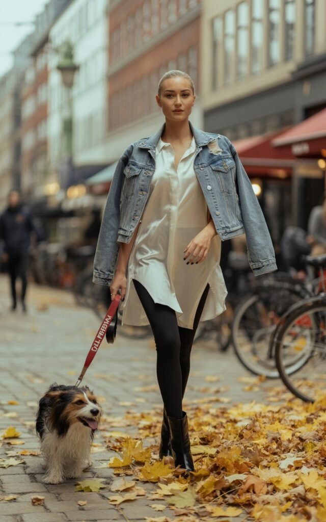 A confident, symmetrical-faced model walks her dog through the autumn streets of Copenhagen. She wears sleek black leggings, a flowing ivory tunic, and a distressed denim jacket. Vibrant fall leaves crunch beneath her boots. The atmosphere is vibrant, urban, and full of motion.