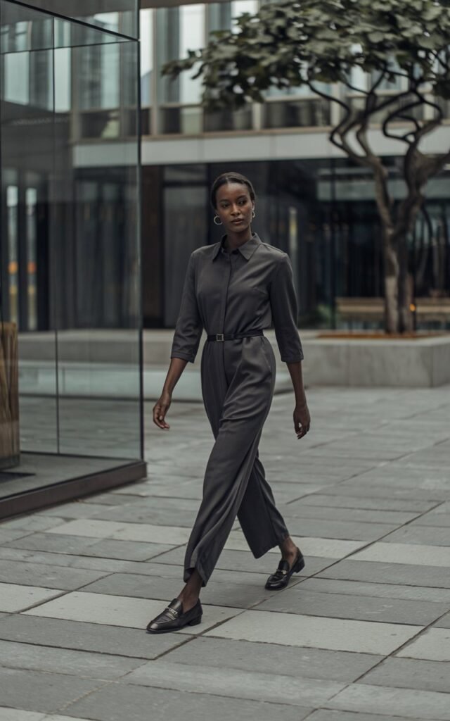 A dark-skinned Afro-Caribbean woman walking through a chic urban plaza, wearing a minimalist charcoal jumpsuit cinched at the waist with a slim belt and classic black loafers.