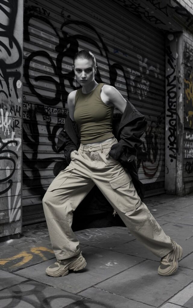 A fierce, high-fashion model with slicked-back hair poses against a graffiti-covered wall in East London. She wears an olive fitted tank and beige cargo pants with high-end chunky sneakers. Harsh shadows and bold color splashes create a gritty, editorial street-style scene.