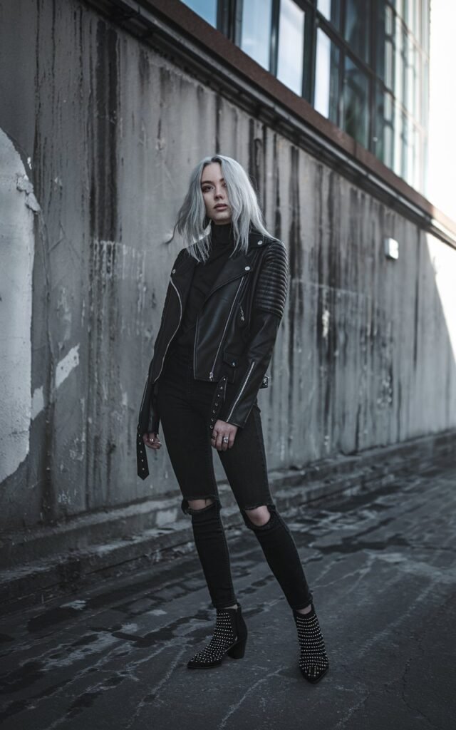 A fierce-looking platinum blonde standing against a gritty Berlin warehouse wall, wearing a black leather moto jacket, ripped skinny jeans, and studded ankle boots, harsh afternoon light for a rebellious, high-fashion editorial feel.
