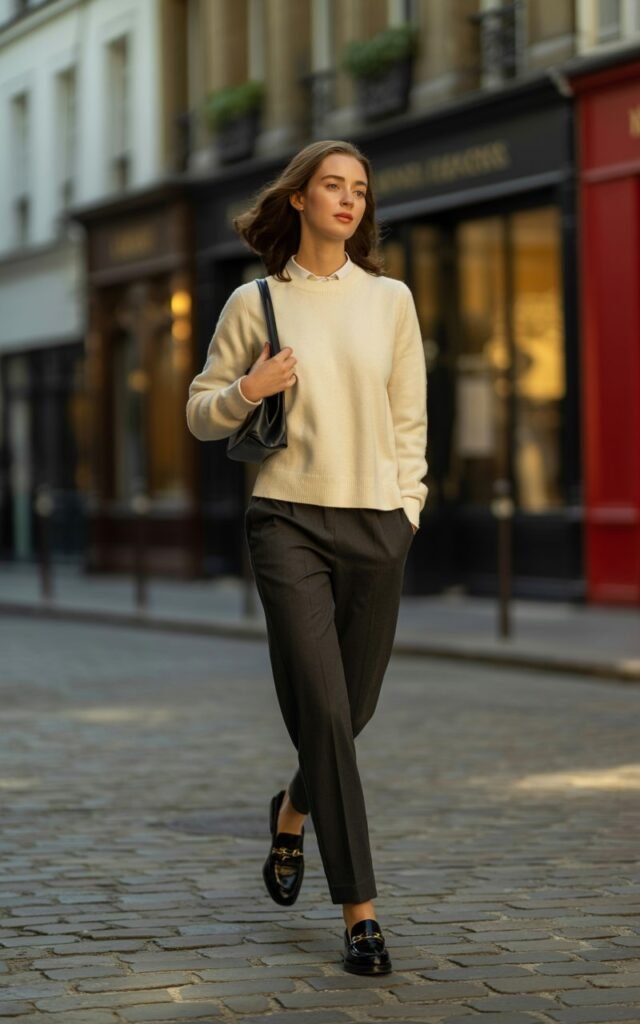 A full-body shot of a white-skinned female model in a cream cashmere crewneck sweater tucked into charcoal tailored trousers, styled with black loafers and a leather satchel. She’s walking across a cobblestone street lined with luxury boutiques during golden hour. Soft sunlight highlights her sharp cheekbones and natural brown waves. Her expression is confident but relaxed, like she’s on her way to a casual meeting.