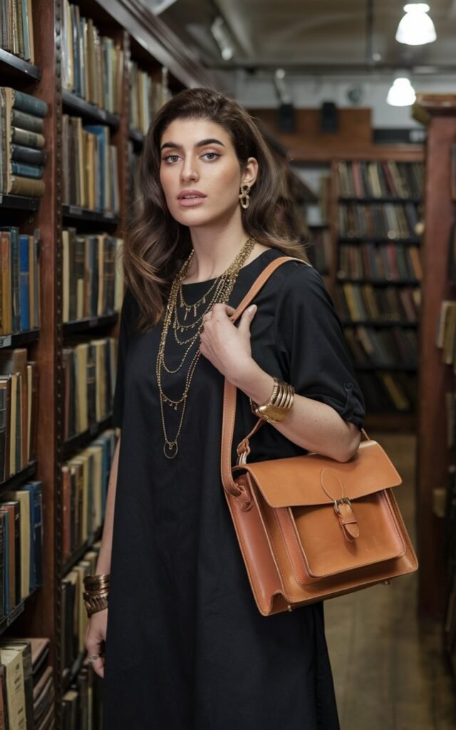 A golden-toned Middle Eastern woman inside an antique bookstore, wearing a simple black dress styled with layered gold vintage jewelry and a structured tan leather satchel on her shoulder.