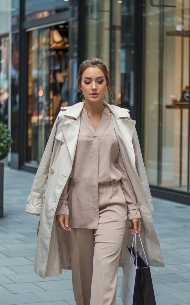 A light-brown skinned Latina woman walking through an upscale outdoor shopping district, dressed in layered beige tones — trench, blouse, and trousers — holding a designer shopping bag.