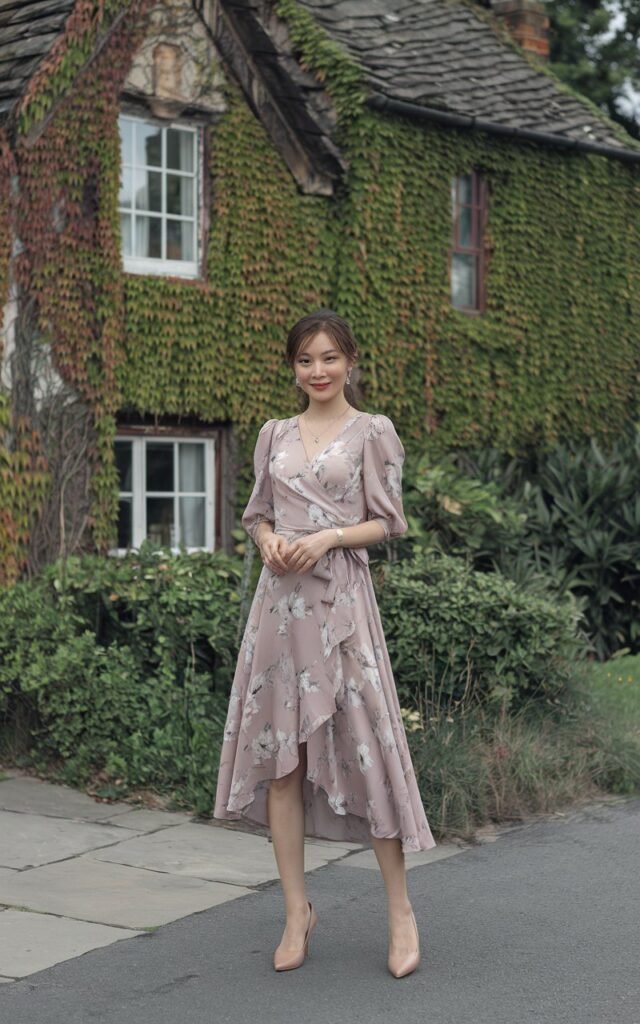 A light-skinned East Asian woman standing in front of an ivy-covered English cottage, wearing a muted floral wrap dress with nude pumps and delicate gold jewelry.