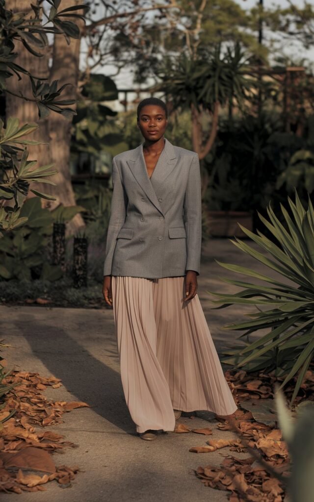 A medium-brown African-American woman walking through a quiet botanical garden in the late afternoon sun, wearing a structured grey wool blazer over a flowing pastel maxi skirt.