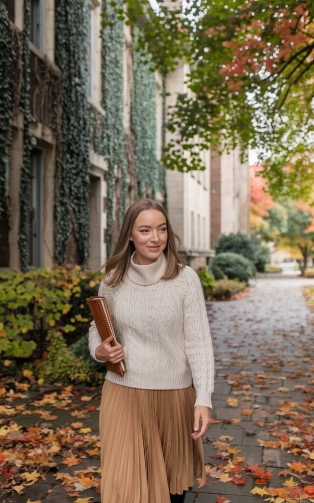 A medium-skinned white woman walking through a quiet, leafy college campus in early autumn, wearing a cream cashmere sweater and a tan pleated skirt, carrying a leather-bound notebook.