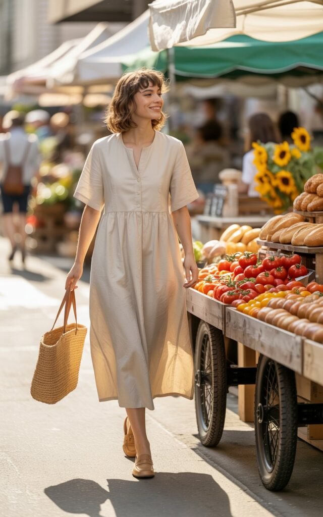 A model in a cream linen midi dress styled with tan loafers and a woven tote bag. She’s strolling through a farmers market in the morning sun. Natural waves frame her face, expression cheerful and approachable, with soft realism in skin texture.
