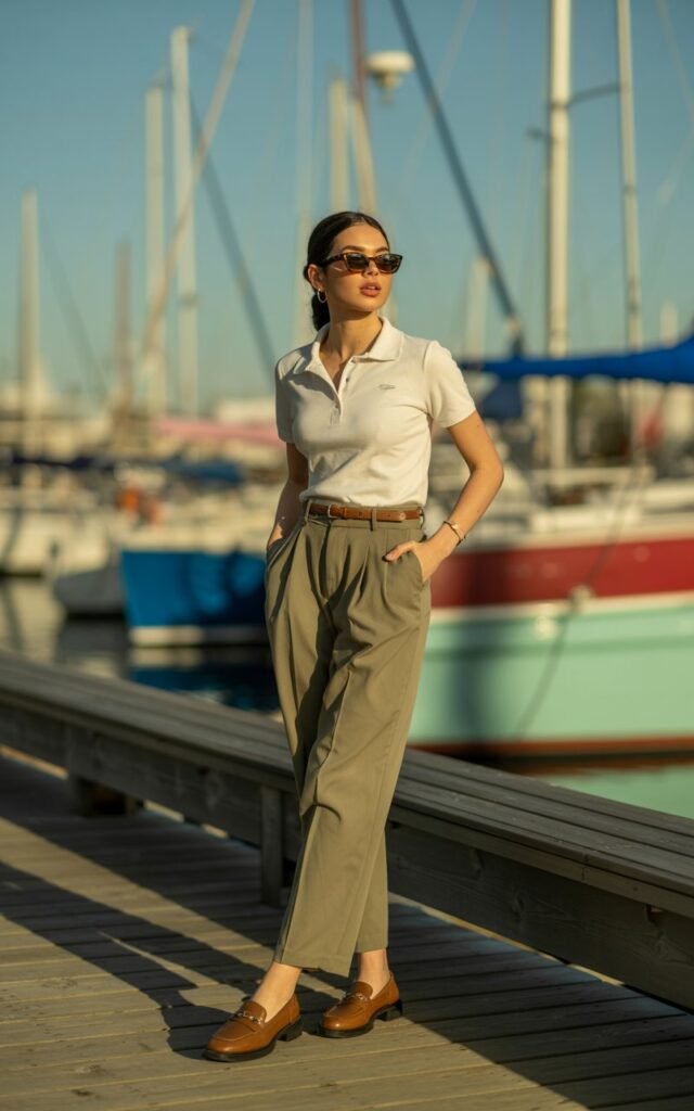 A model in a cream polo shirt tucked into high-waisted olive slacks with a slim leather belt, brown loafers, and sunglasses. Captured at a marina boardwalk with boats in the background during golden hour. Her posture is casual, one hand in her pocket, looking away with a chic, preppy vibe.