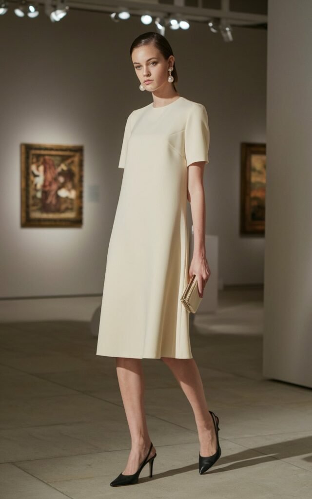 A model in a cream shift dress styled with black slingback heels and pearl studs. Captured in an art gallery under soft indoor lighting. She stands elegantly with a small clutch, expression refined and understated.