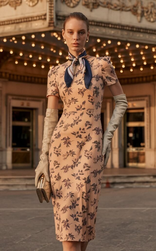 A model in a fitted midi dress styled with a printed silk scarf tied at her neck and cream gloves. Captured outside a historic theater at golden hour. She holds a small structured clutch, expression timeless and retro-chic.