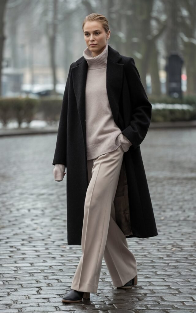 A model in a luxurious black cashmere coat layered over neutral trousers and a beige knit, paired with ankle boots. Shot on a cobblestone winter street with natural overcast lighting. She looks poised, hair tucked back, expression confident and classic.