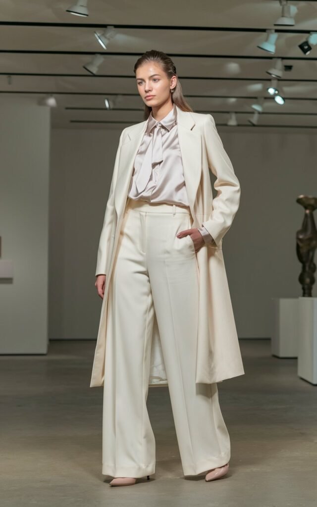 A model in a monochrome cream outfit wide-leg trousers, silk blouse, and nude heels. Shot in a modern art gallery with clean indoor lighting. She stands elegantly, one hand brushing her hair, expression calm and chic.