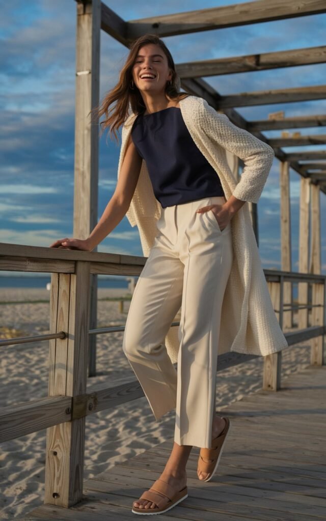 A model in a navy boatneck top paired with ivory cropped trousers and tan sandals. Captured at a beachside boardwalk with golden sunlight. She’s laughing naturally while leaning on the railing, hair loose and glowing.
