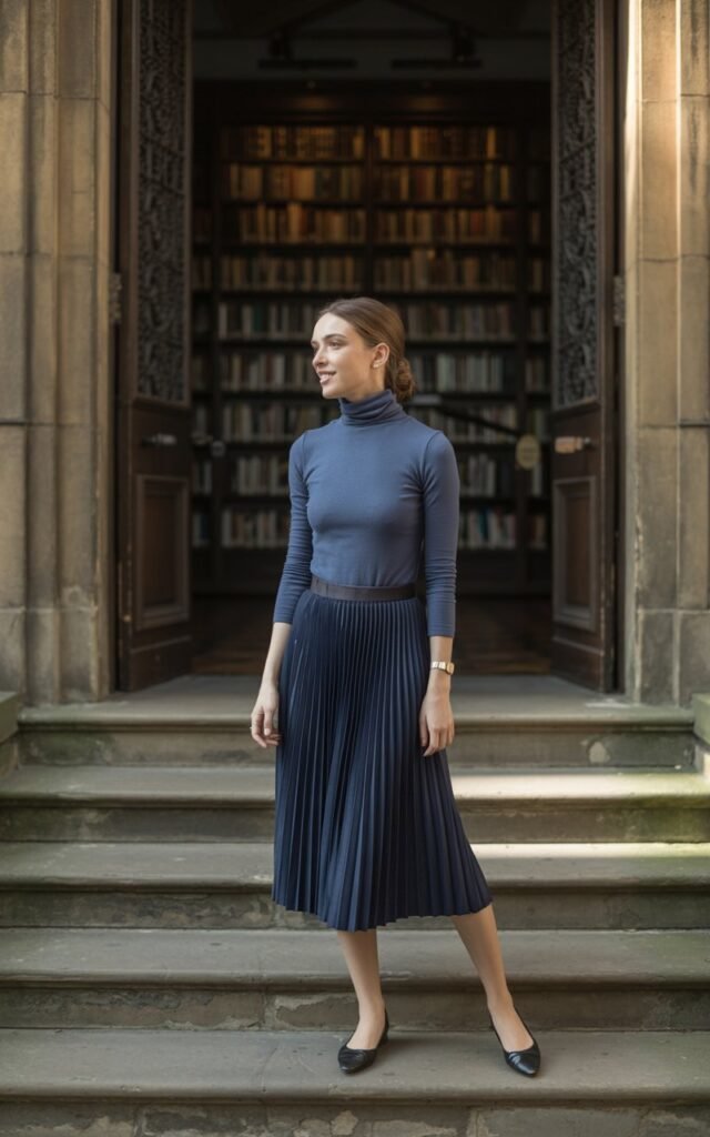 A model in a navy pleated midi skirt with a slim gray turtleneck and black ballet flats. She’s posed on stone steps of a historic library, shot in soft daylight. Her hair is styled in a neat bun, face lit naturally, with a calm and sophisticated expression.