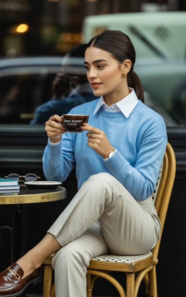 A model in a pale blue crewneck sweater layered over a crisp white button-down, paired with slim beige trousers and polished brown loafers. Shot in a quiet café with window light creating soft shadows across her face. She sits casually on a wooden chair, hair in a sleek ponytail, looking thoughtful while stirring coffee.